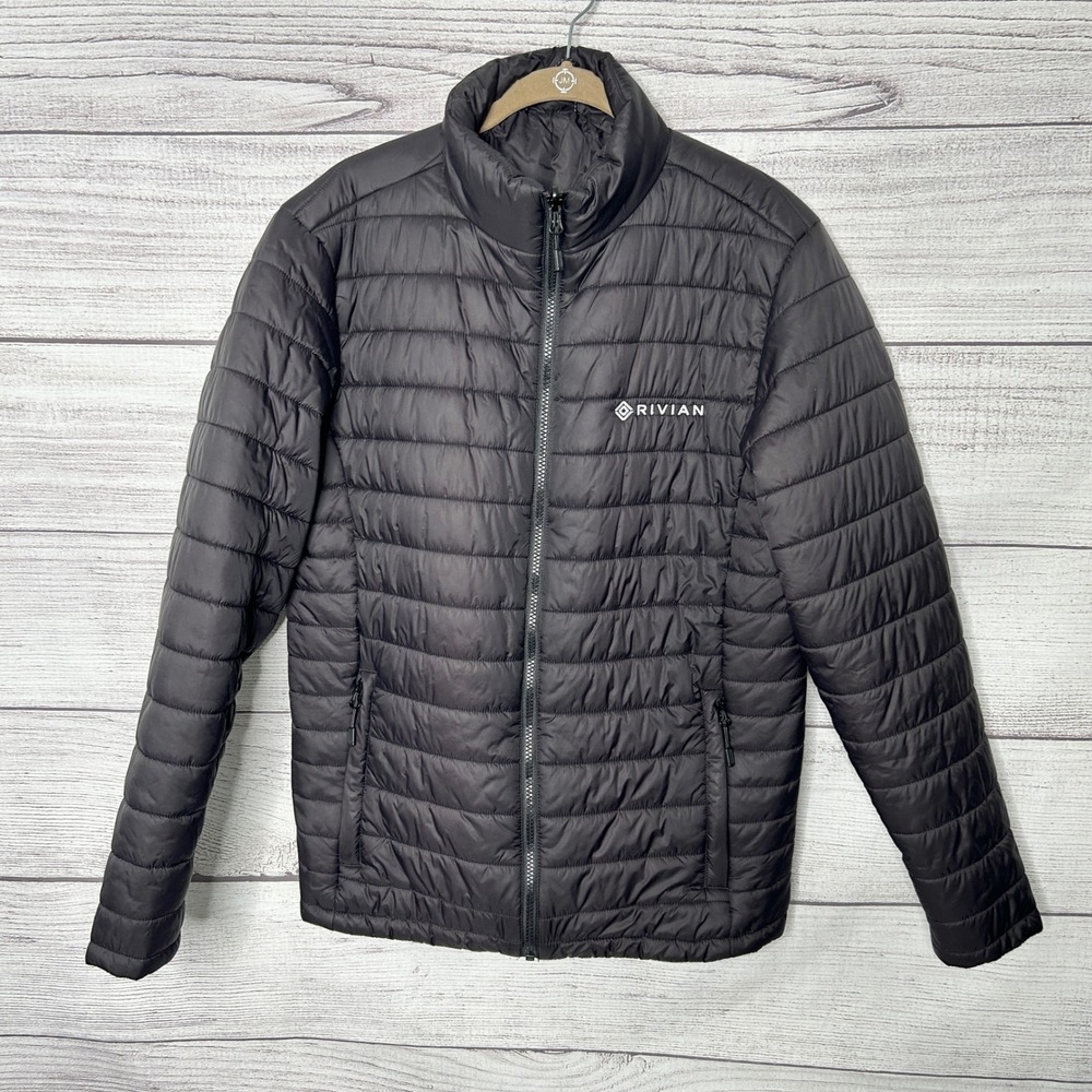 Rivian Mens Black Puffer Jacket Design Collective Full Zip Quilted Small